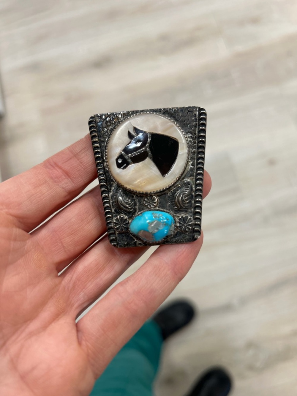 Zuni Vintage Western Horse Inlay Bolo - Turquoise & Mother of Pearl signed